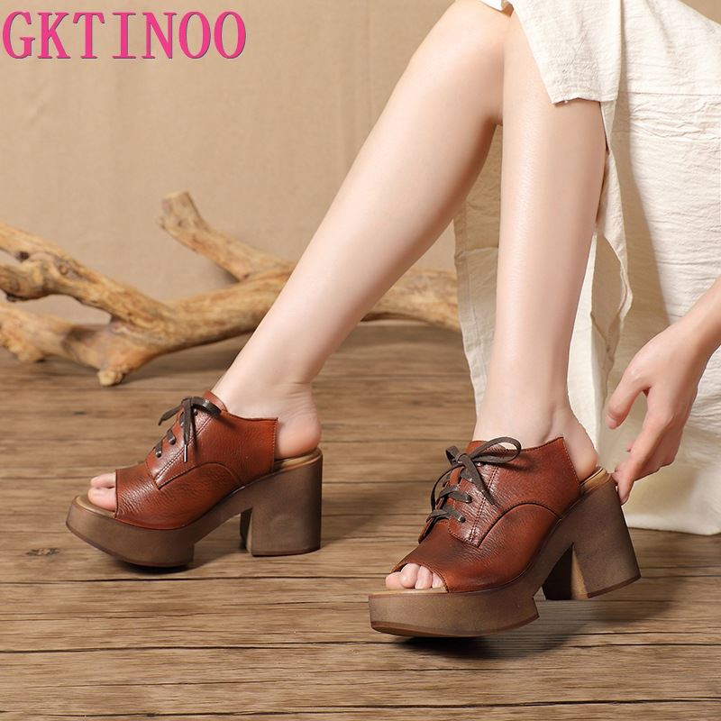 Fashion GKTINOO Women Leather Mules High Heels Slippers Women Handmade Platform Genuine Leather Slippers Peep Toe Shoes 2024