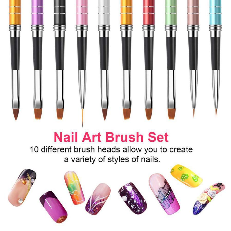 10Pcs/lot Nail Art Brush Set 10 Colors Different Sizes Copper Handle Design Polish Nylon UV Gel Painting Nail Brushes