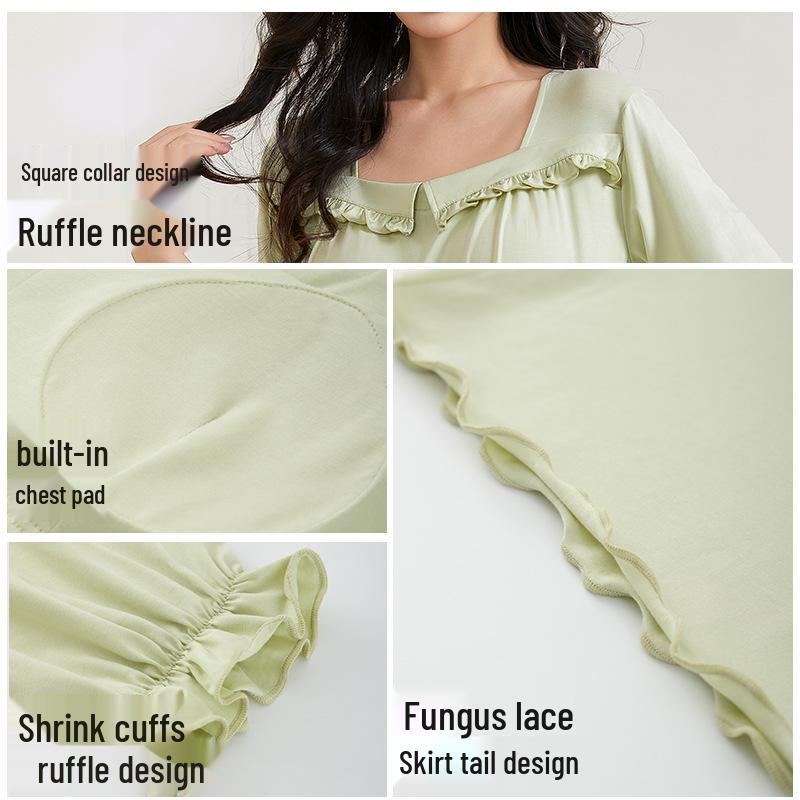 Plus Size Tencel Cotton Pajamas with Bra Pads: Summer Long Sleeve Cooling Nightgown for Women