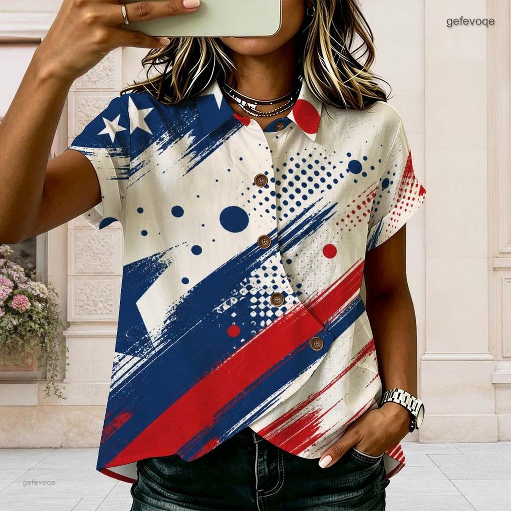 Plus Size Women Collared Short Sleeve Blouse Sparkling Pink Diamond Heart Print Button Front Casual Summer Top