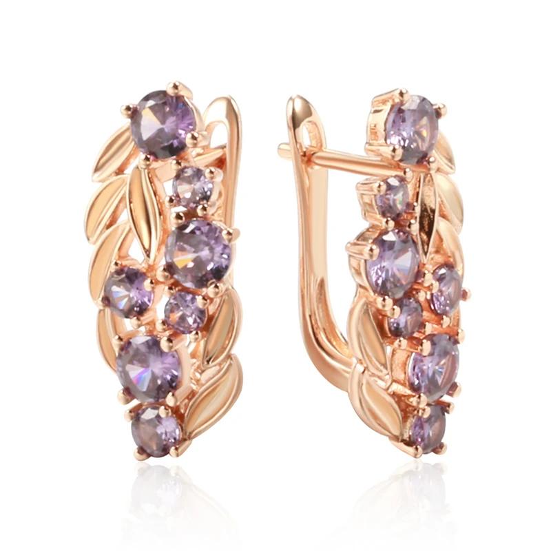 Round Purple Zircon Leaf Design Golden Earrings for Women Vintage Fashion Earrings Luxury Party Jewelry