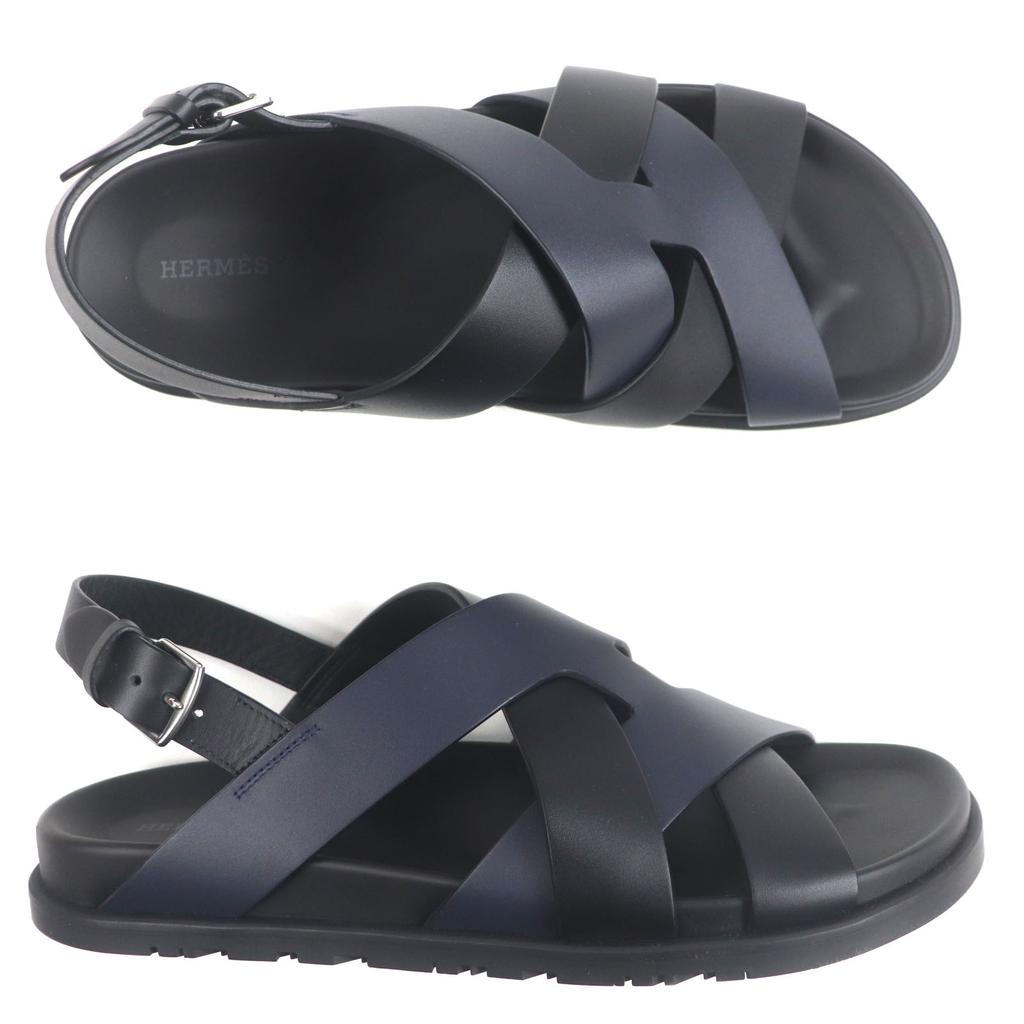 Pristine HERMES Sandals Hercules Black Navy Leather Mens 44 Used