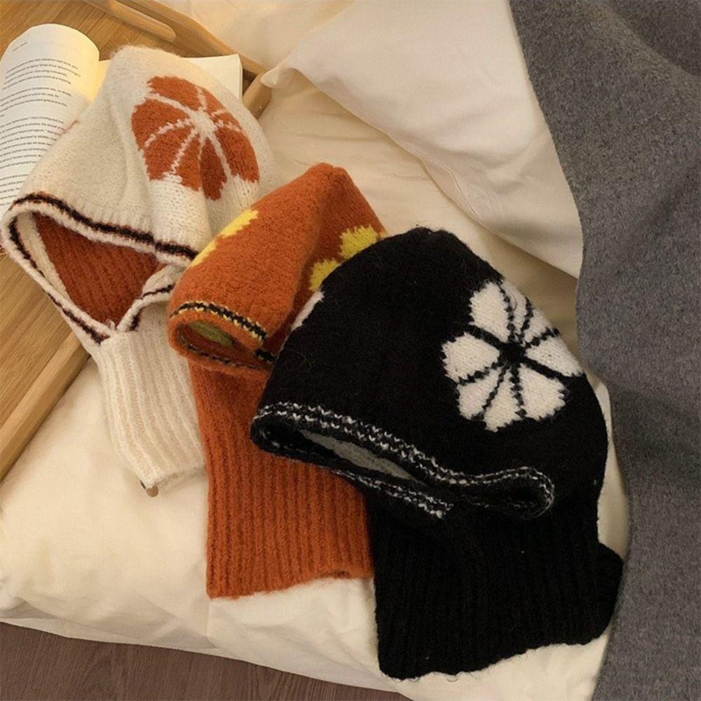 Neck Guard Flower Balaclava Hat Wool Knitted Pullover Hat Casual Ear Protection Hat  Winter/Autumn