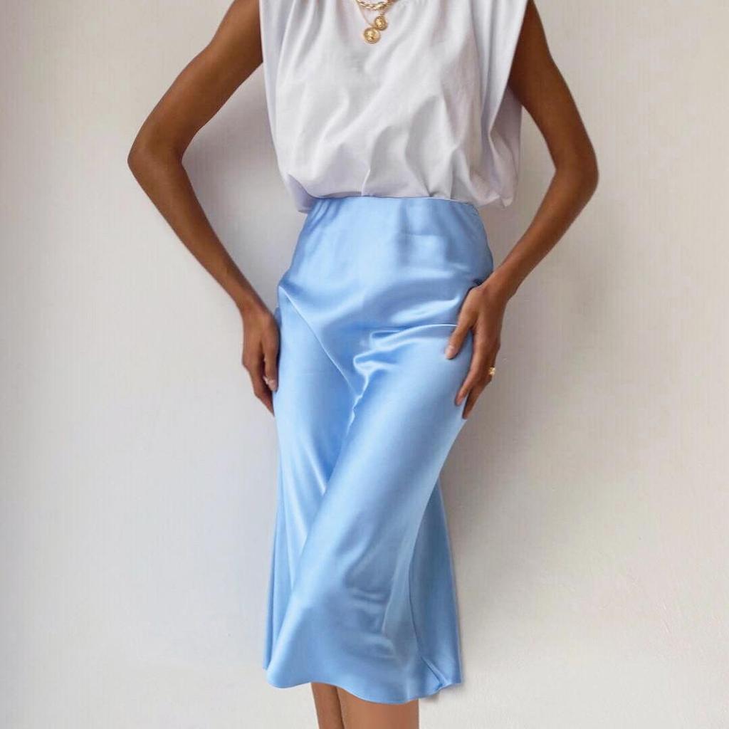 Satin Silk Skirt Women High Waisted Long Skirt Elegant Ladies Office Skirts Midi Spring A-line Skirt