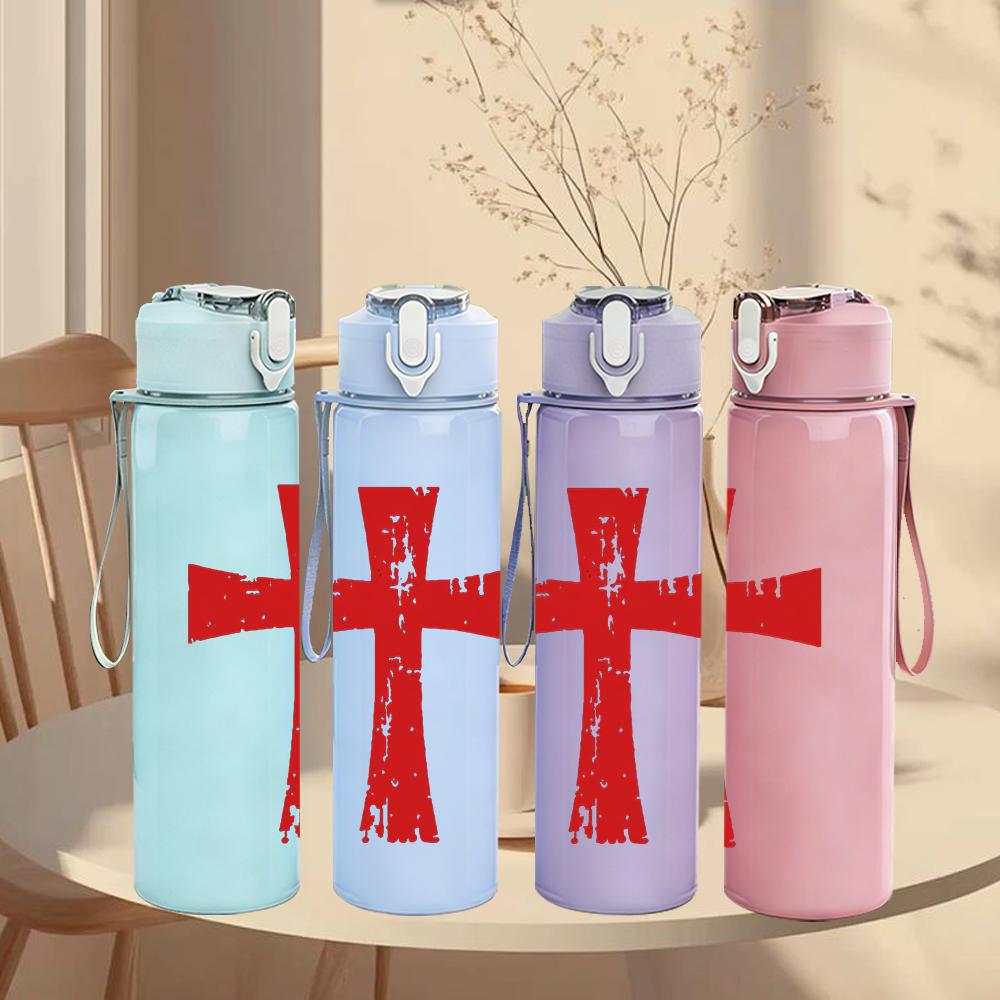 1PC Red Wooden Cross Minimalist Vintage Print 750ml Portable Sports Water Bottle Leakproof Gym Outdoor Travel Drink Cup