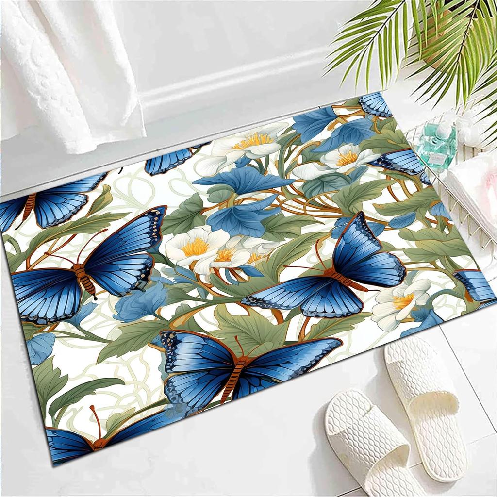Wild Animal Butterfly Carpet Spring Garden Plant Floral Rug for Bedside Sofa, Botanical Flower Floor Mat Home Entrance Doormat
