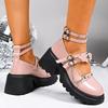 Fashion Pink Lolita Wedges Pumps for Women Rivet Metal Chain Chunky Platform Mary Jane Shoes Ankle Buckle Thick Sole Uniform Shoes