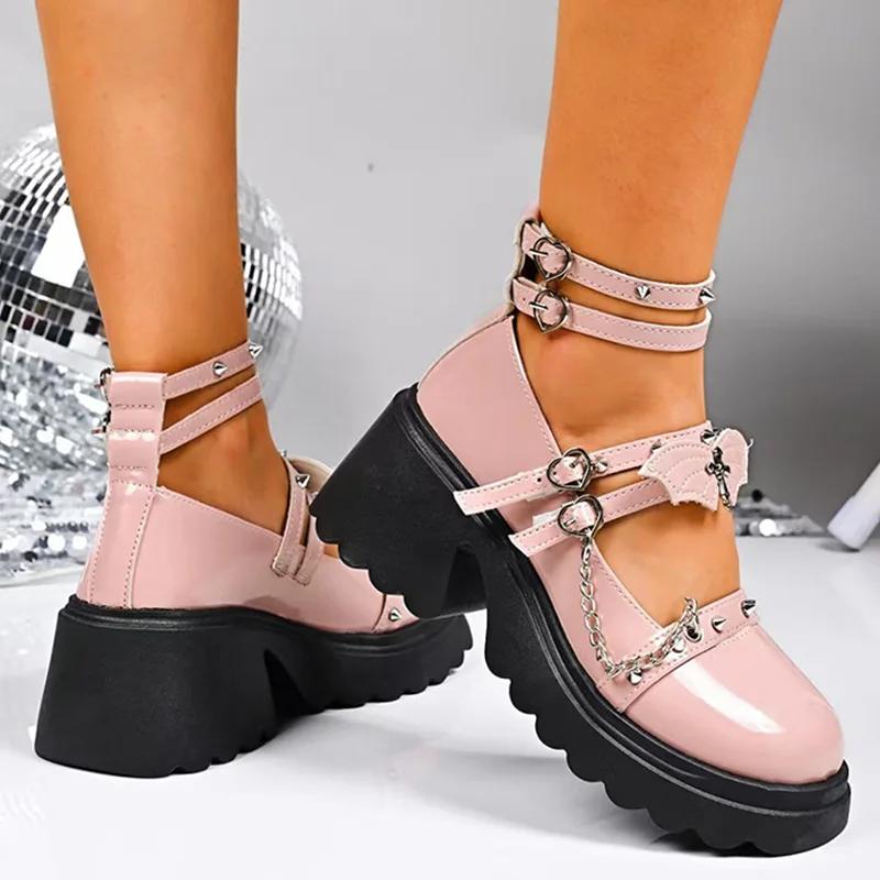 Fashion Pink Lolita Wedges Pumps for Women Rivet Metal Chain Chunky Platform Mary Jane Shoes Ankle Buckle Thick Sole Uniform Shoes