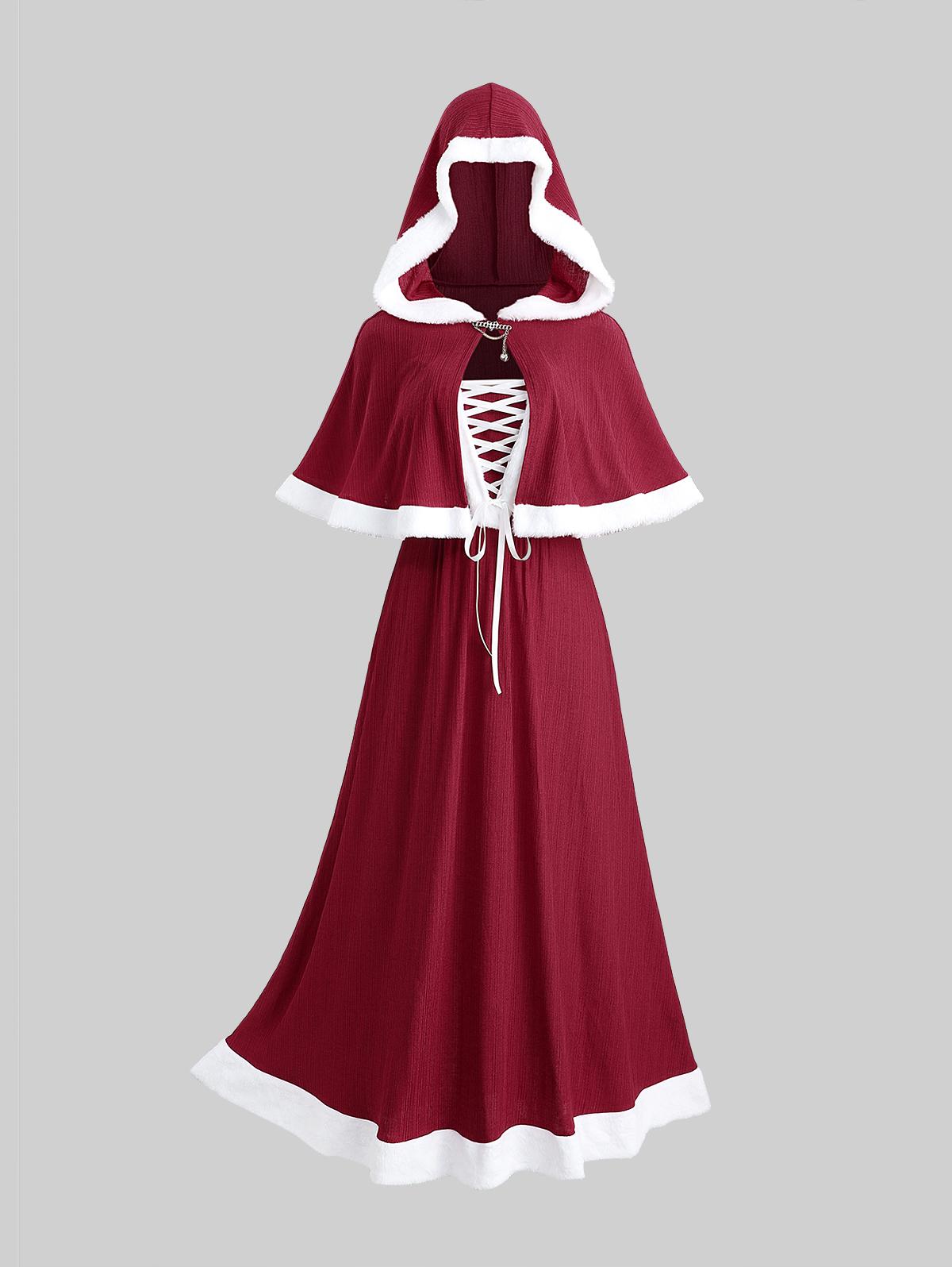 

Rosegal Plus Size Рождественское платье-майка со шнуровкой и флисовой отделкой и плащ с капюшоном и цепочкой в форме сердца 2XL красный