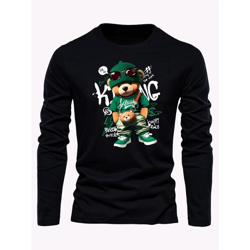 Men's loose and comfortable sports casual fashion cartoon bear print round neck long sleeved T-shirt top