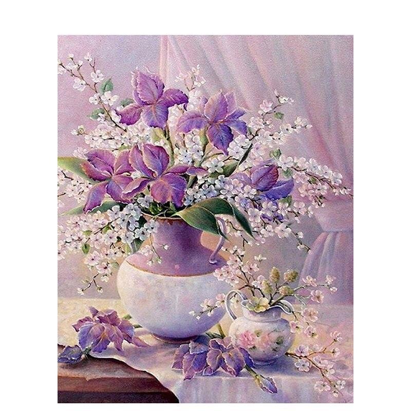 Diamond Painting Flowers Full Drill Round Diamond Embroidery Purple Lavender Picture Of Rhinestones Home Decor