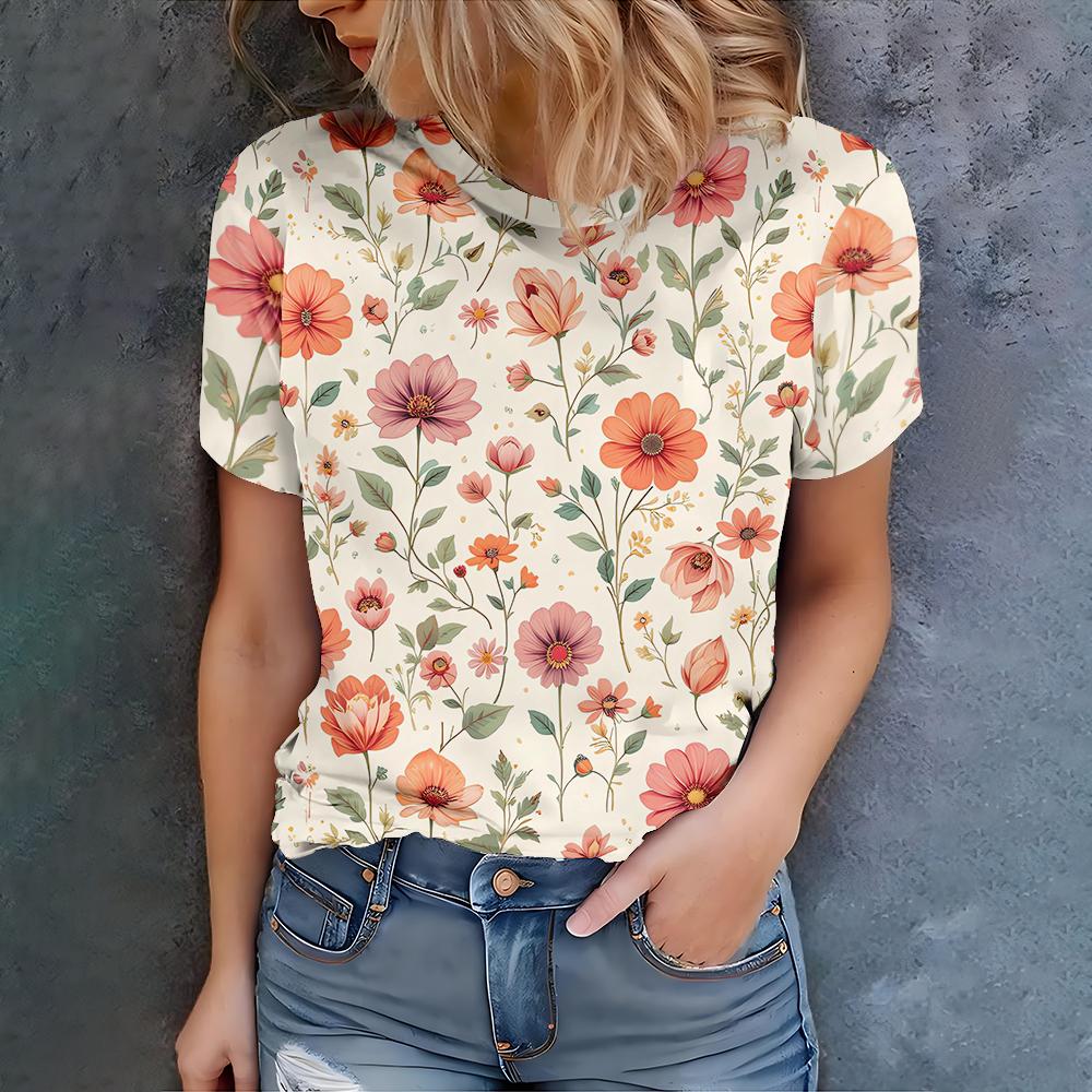 

Летняя женская повседневная модная оранжево-розовая футболка с принтом цветов и зеленых листьев, универсальная на каждый день, с коротким рукавом 5XL