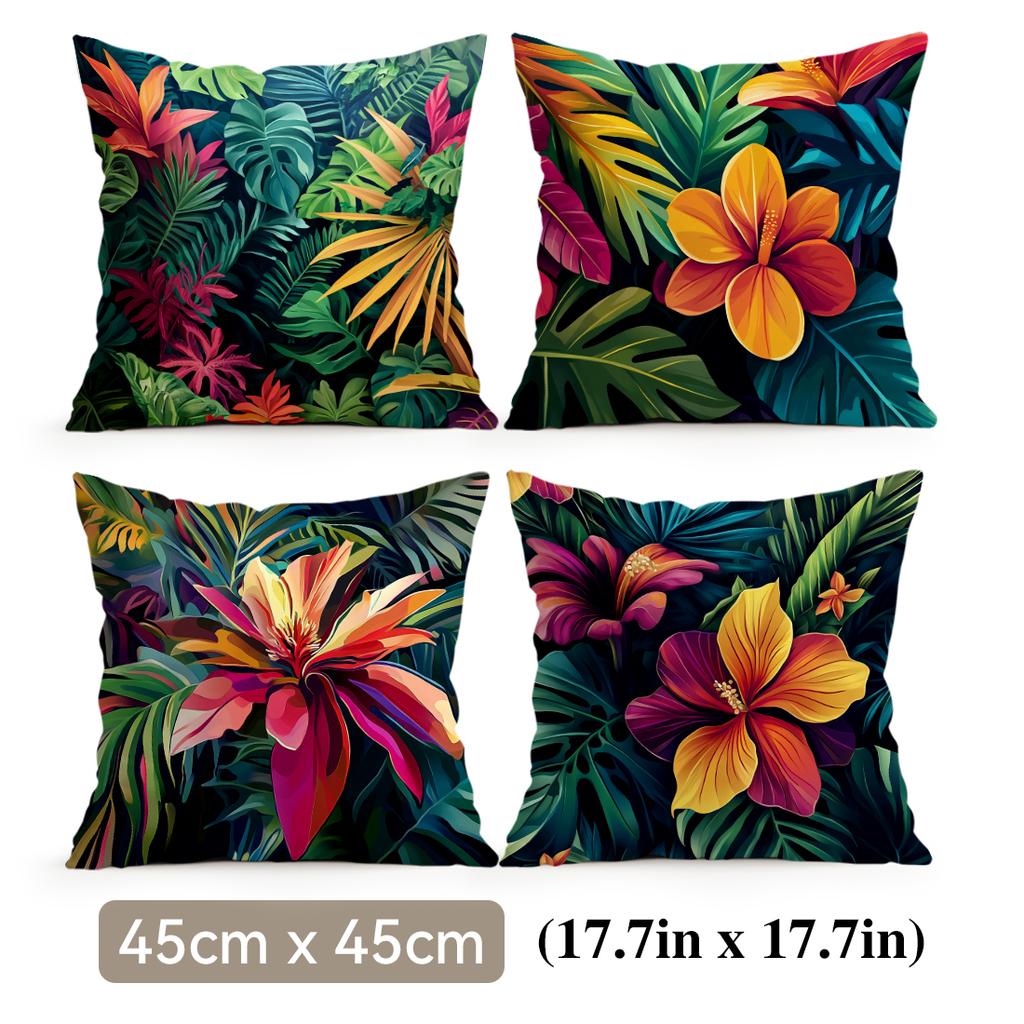 4 Pcs Tropical Plants And Flowers Single-Sided Printed Pillowcase Cushion Cover,Suitable For Living Room,Bedroom,Car Decoration