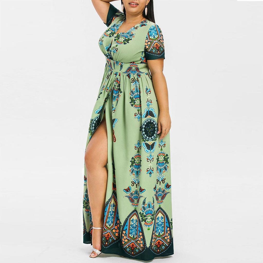 Plus Size Mode Damen Schmetterling bedrucktes V-Ausschnitt Kurzarm lässiges langes Kleid