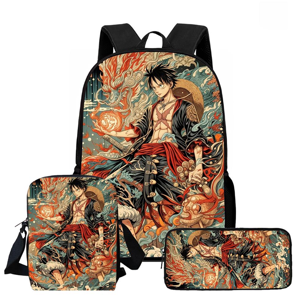 One Piece 15-Inch Mochila 3 PCS Lightweight Durable School Backpack With Crossbody Bag And Pencil Case For Boys Girls Ages 6-10