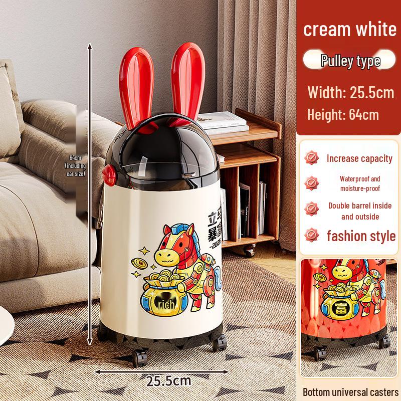 2026 Cute Rabbit Ear Trash Can - Large Capacity with Lid, High-End Design for Home & Living Room