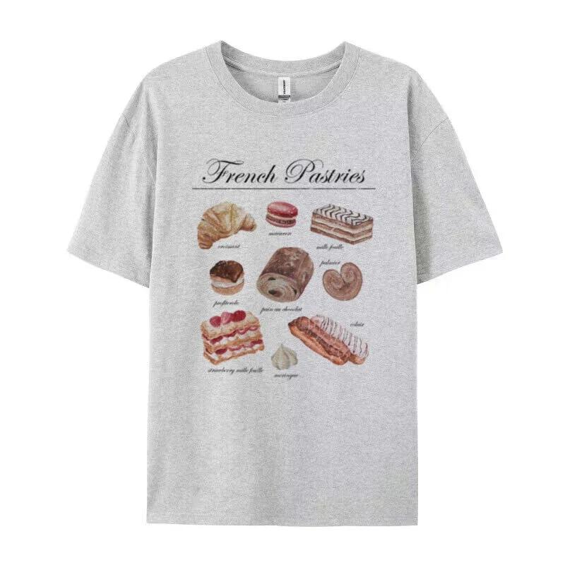 

French Pastries Graphic Tees Cotton Women Vintage Boho TShirt Cute Loose Baking T Shirt Aesthetic Foodie Shirt Desserts Lover S