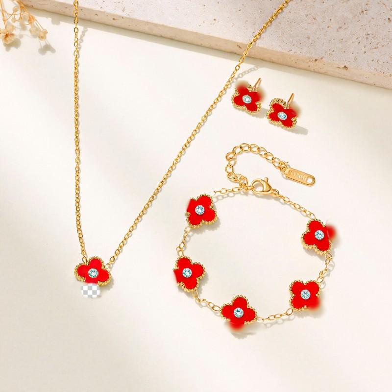 Stainless Steel Four Leaf Clover Necklace Set With Earrings Bracelet Hypoallergenic Titanium Jewelry Women