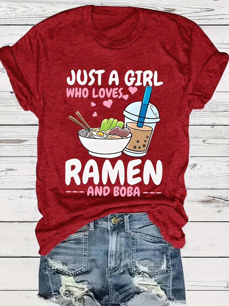 Women's Ramen Boba Tea Print Harajuku T-Shirt Cute Anime Ramen Noodle Short Sleeve Round Neck Top with Text Casual Foodie Outfit
