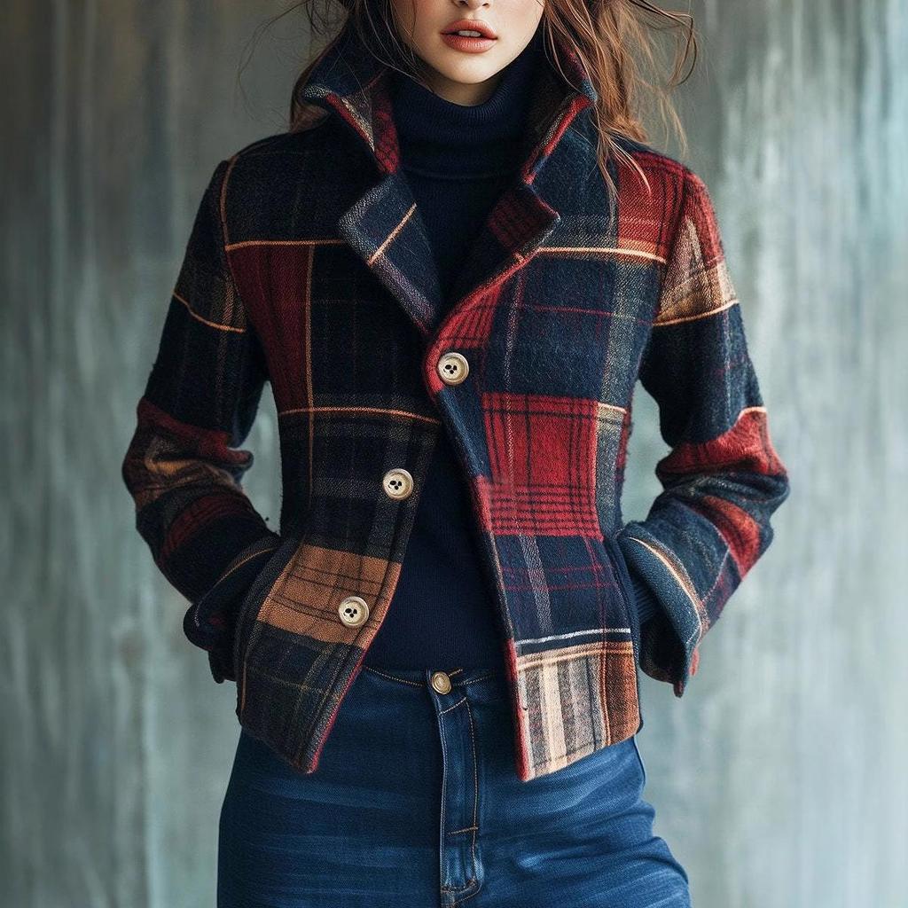 2025 Women's Plaid Retro Warm Coat - Autumn/Winter Stand-Up Collar Patchwork Blazer