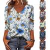 Womens V Neck Floral Print Shirt Three Quarter Sleeve Casual Loose Fit Blouse Lightweight Summer Top