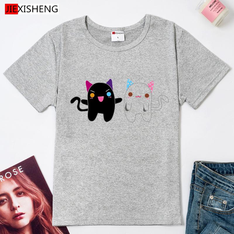 Black Cat White Cat Cartoon Print Women T Shirts Plus Size Summer Casual Short Sleeve T-Shirt Girl Tshirt Tops