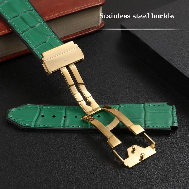 26X19mm Real Cow Leather Rubber Watchband for HUBLOT Classic Fusion Universe Big Bang Series Men belt Watch band butterfly Buckl