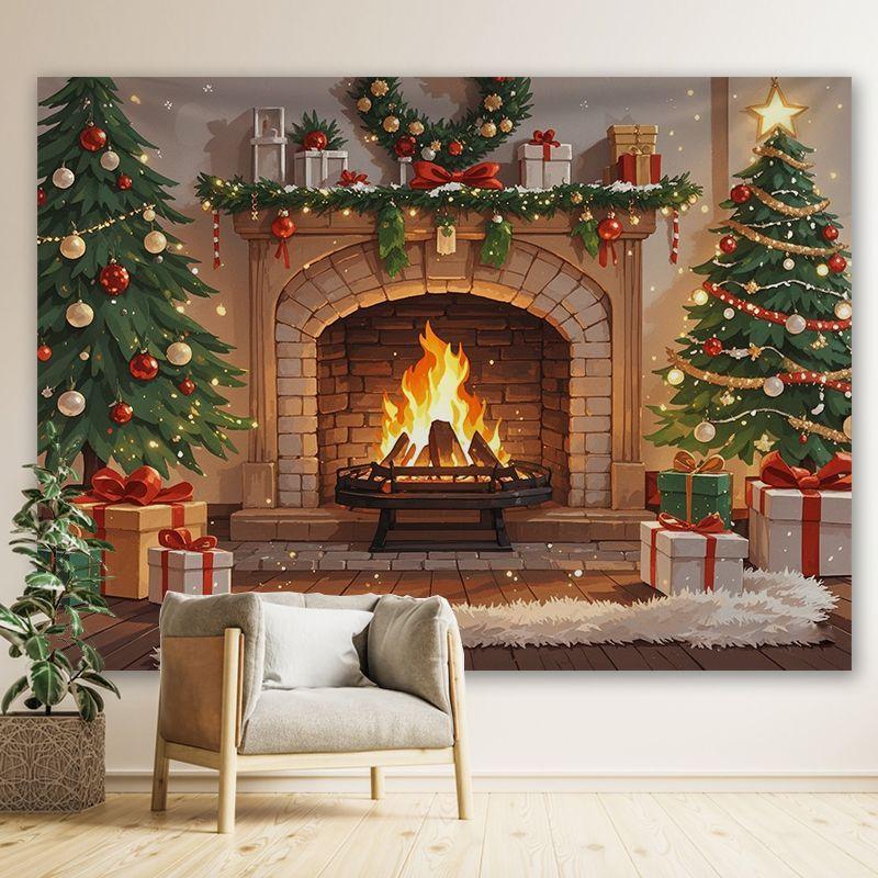 Christmas Fireplace Double Tree Wall Tapestry Mantel Wreath Stocking Gift Box Snow Flame Cozy Holiday Festive Decor Soft