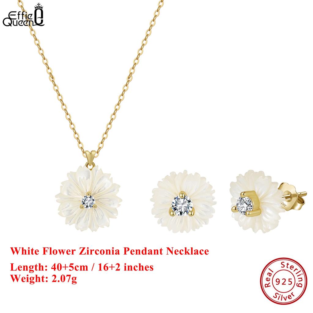 Effie Queen 925 Solid Sterling Silver 14k Gold Flower Shaped Shell Pearl Pendant Necklace Natural Jewelry for Women Party PSN15