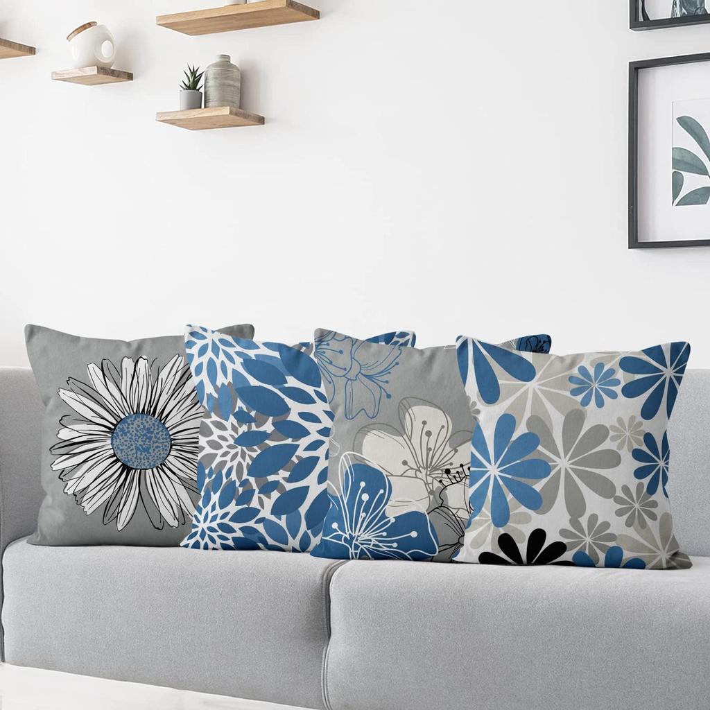 4Pcs Blue Gray Floral Cushion Covers, Modern Daisy & Leaf Print Pillow Cases For Sofa Bedroom Living Room Decor 45X45Cm