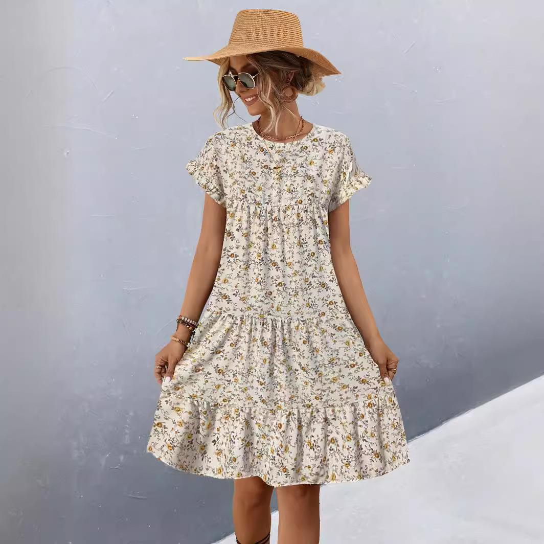 

QICED Весенне-летнее женское свободное платье с цветочным принтом и круглым вырезом с рукавами лотоса и короткими рукавами с принтом XL абрикосовый