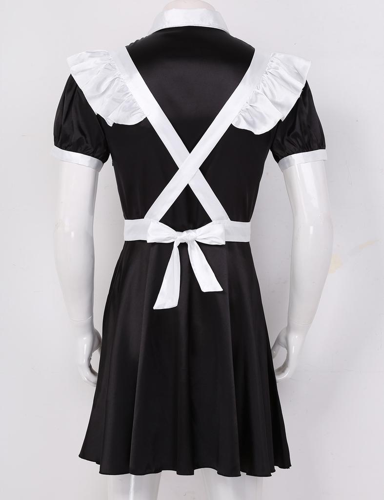 Men Sissy French Maid Outfits Cosplay Costumes Puff Sleeve Button Down Fancy Dress With Apron And Headband