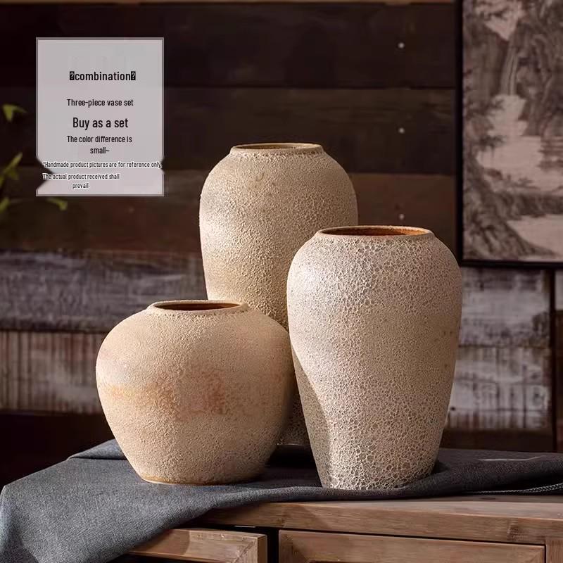 Handmade Retro Nostalgic Large Ceramic Floor Vase – Coarse Pottery Feng Shui Decor for Living Room or Hotel.