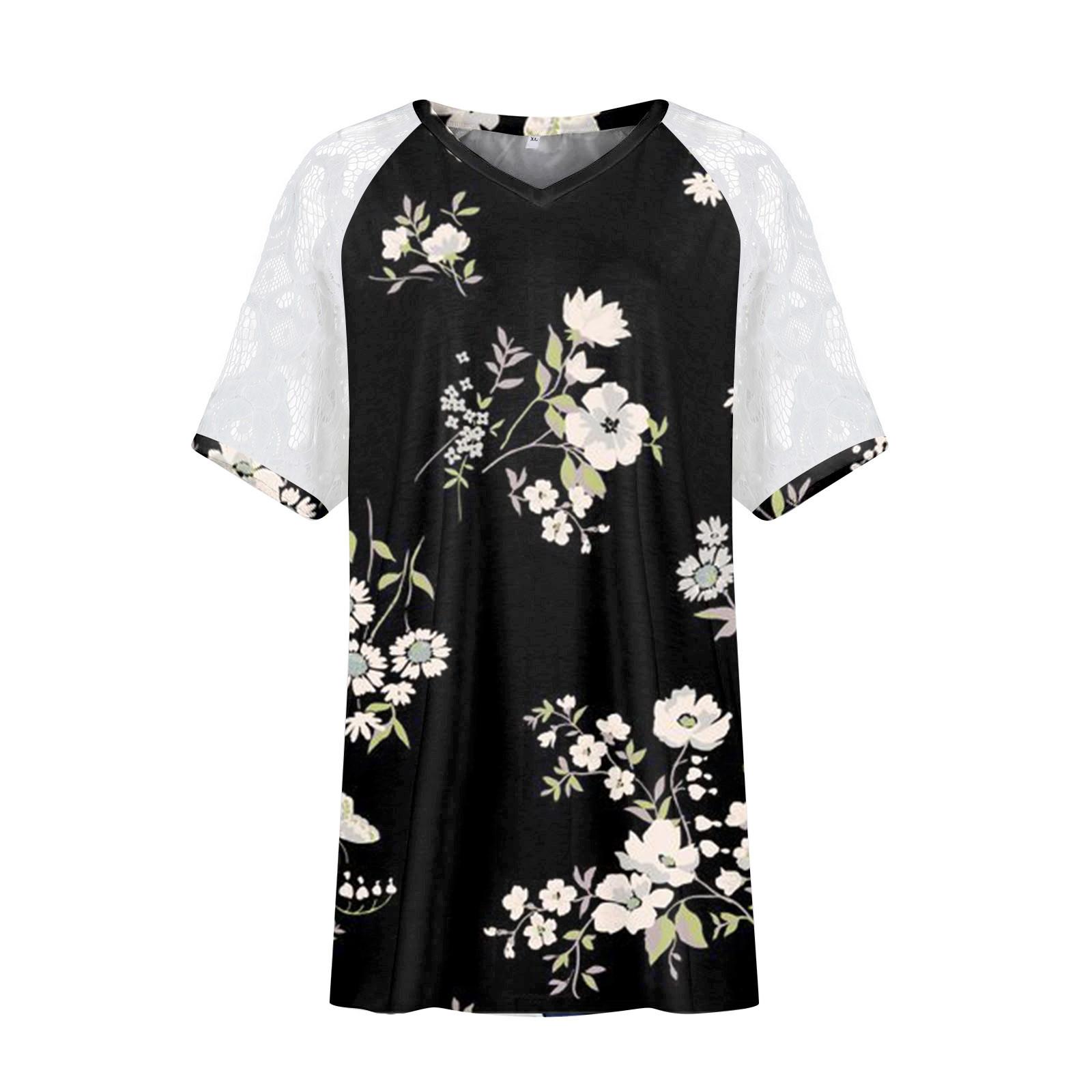 

Топы больших размеров для женщин, летние повседневные рубашки с v-образным вырезом, кружевные футболки с короткими рукавами XXXXL чёрный