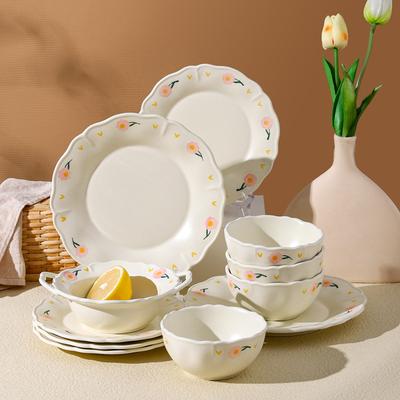 Pink Peony Underglaze Color Tableware Small Fresh Bowl Set High Value Ceramic Bowl Binaural Bowl Dinner Plate Wind
