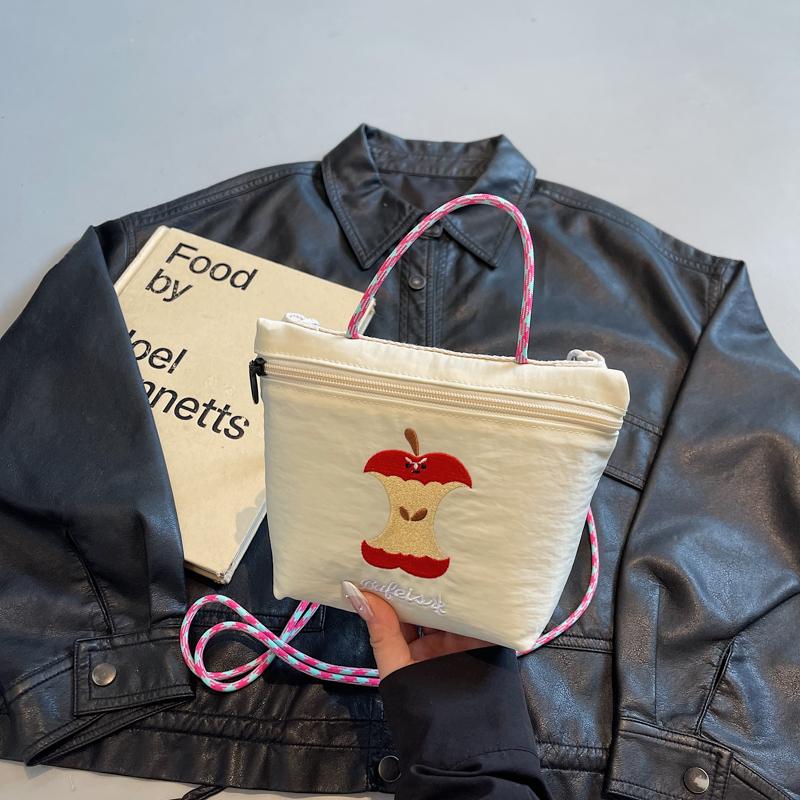 Women's Apple Embroidery Casual Shoulder Cloth Bag 2026 New Style for Going Out Japanese Style Fashi Trendy Crossbody Cloth Ba