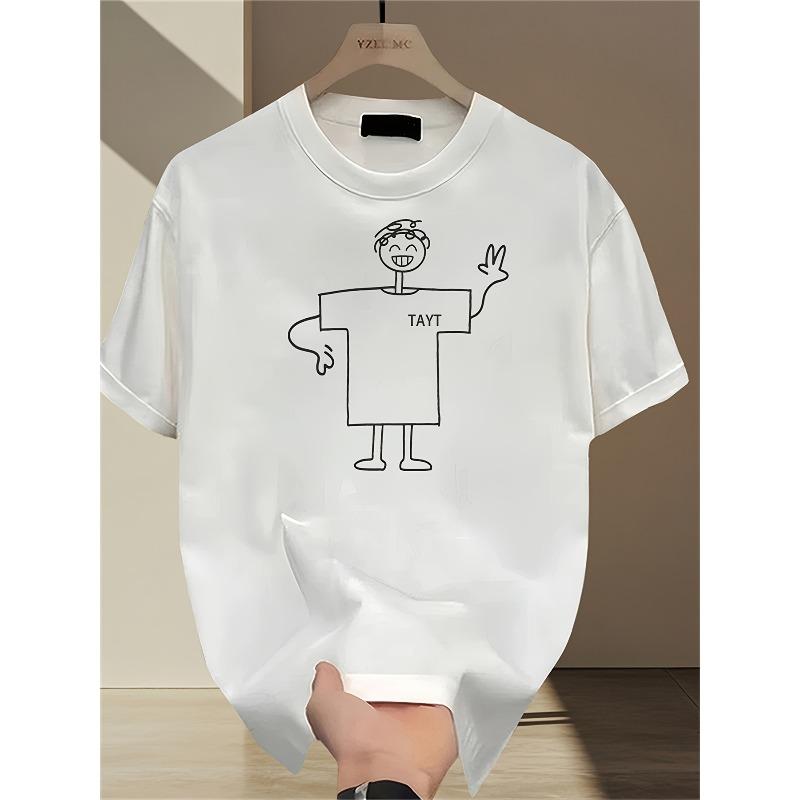 European Sizes Cotton T-shirt, Men's Top - Simple Drawing Style Character Image | Men's Pattern Printed T-shirt | Retro Nostalgia