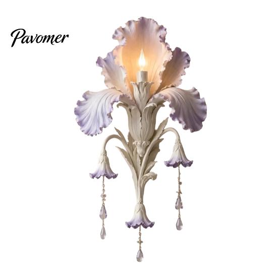 Modern Iris Petal Lamp Bloom Wall Sconce, Vintage Floral Light with Faux Crystal Sconce Drops, Romantic Purple Ambient for Bedroom Living Room
