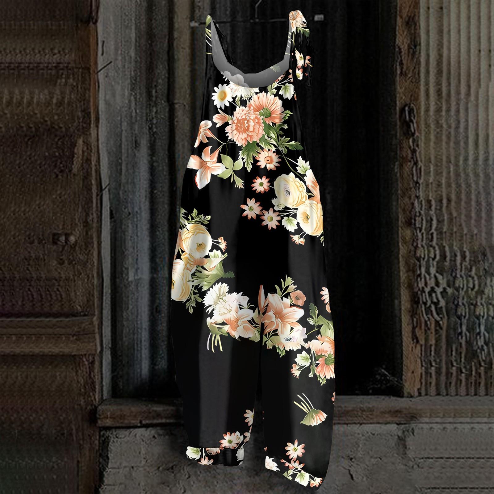 

Женский комбинезон с принтом, повседневные свободные ретро-бретельки из хлопка и льна XXXL чёрный