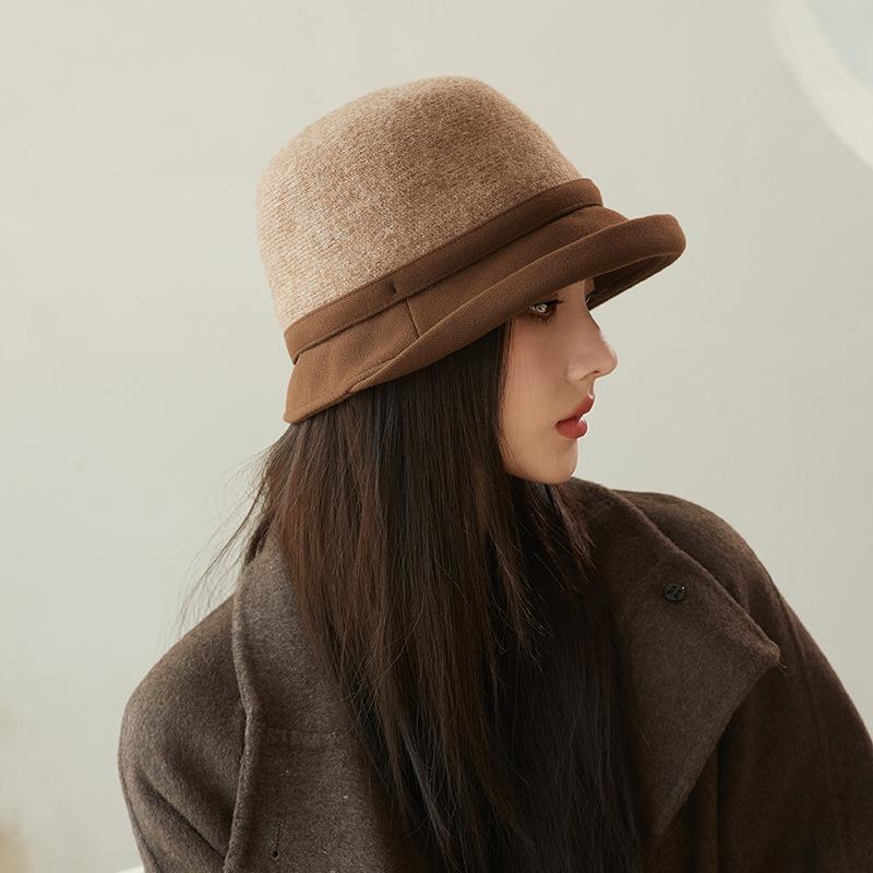 French Style Splicing Fisherman Hat Winter Warm Bow Decor Elegant Lady Hat