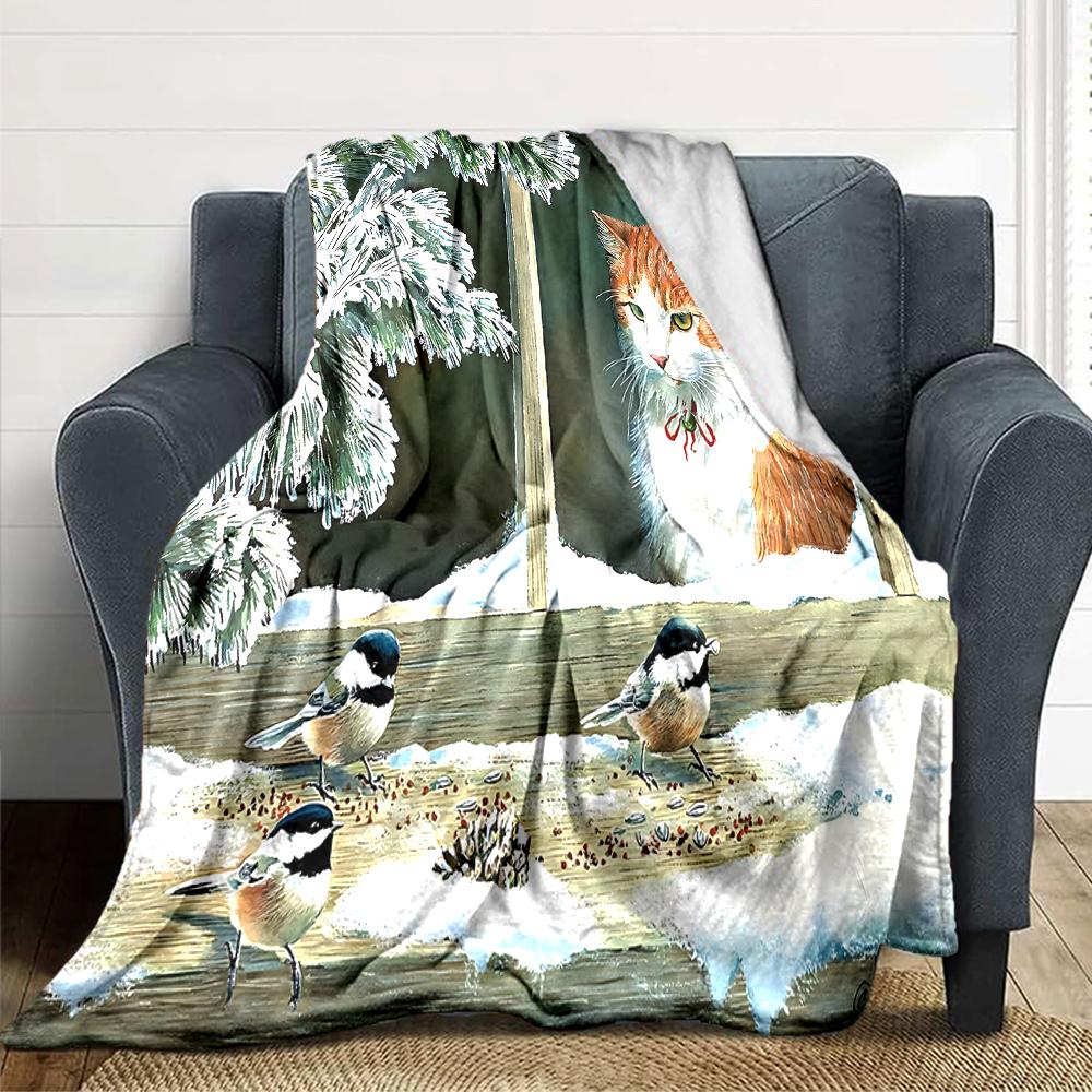Cat Chickadees Winter Blanket Soft Throw Blanket For Home Bedroom Bed Sofa Travel Office Solid Christmas Blanket