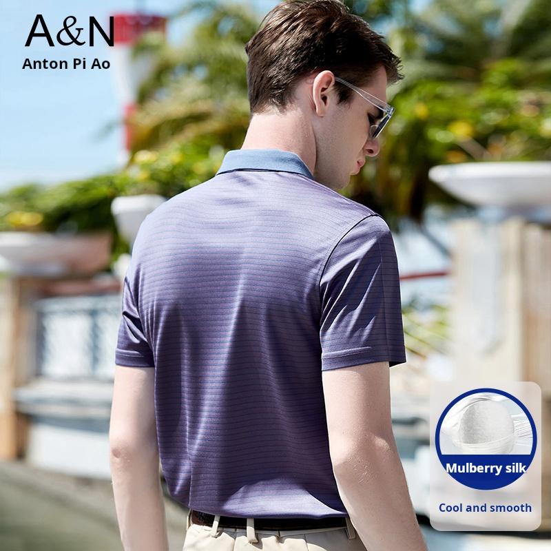 Acetic Acid Smooth Mulberry Silk: Drooping Business Light Luxury Silk Short Sleeved Polo Shirt Men's Striped Lapel T-shirt