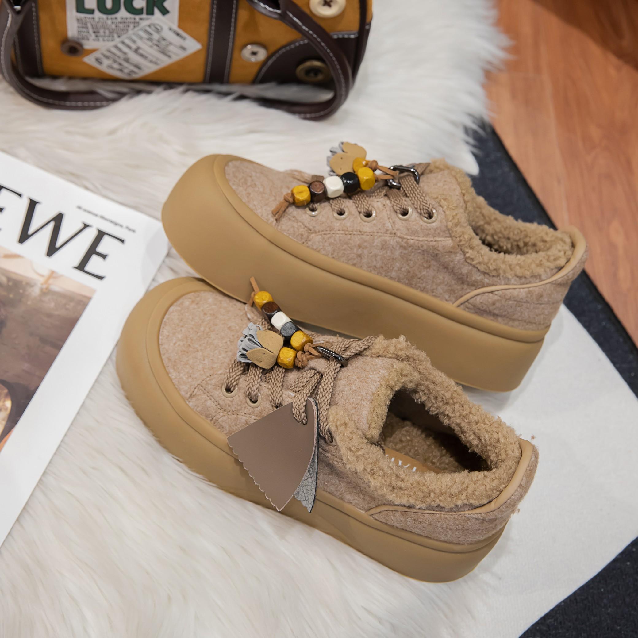 

Fashion lace-up fluffy cotton shoes women s 2025 new winter plush warm thick-soled non-slip outer wear casual sports shoes 40