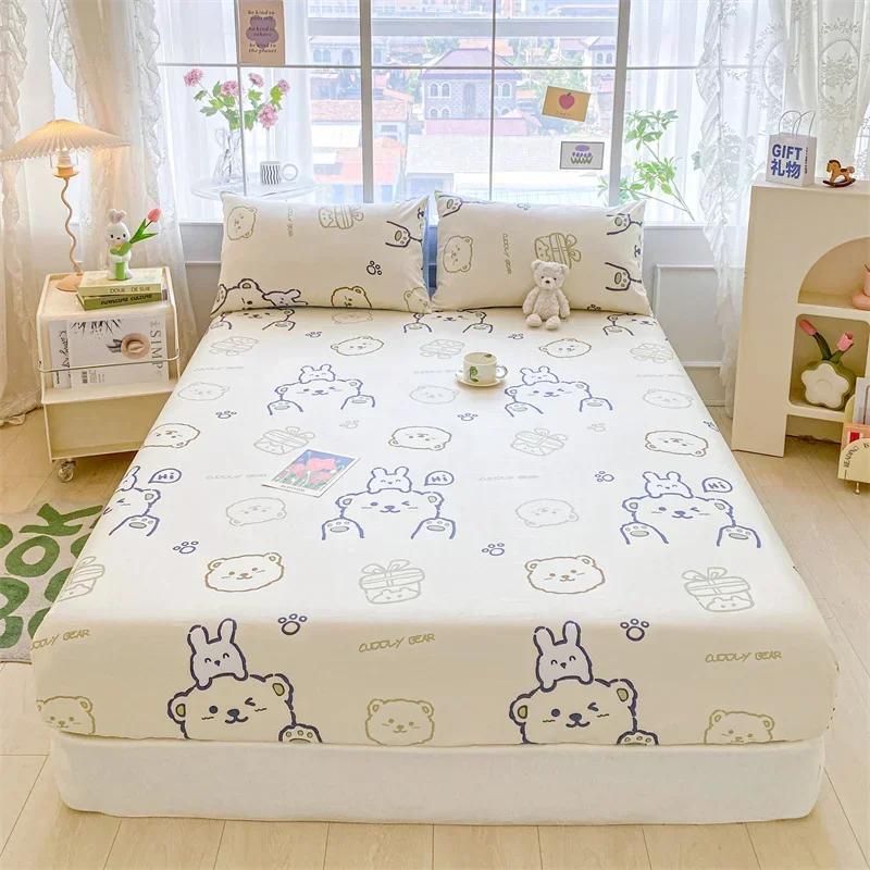 Kawaii Bear and Rabbits Printed Fitted Sheet Set Pure Cotton Cartoon Animals Mattress Cover for Kids Boys Girls Bedroom Decor