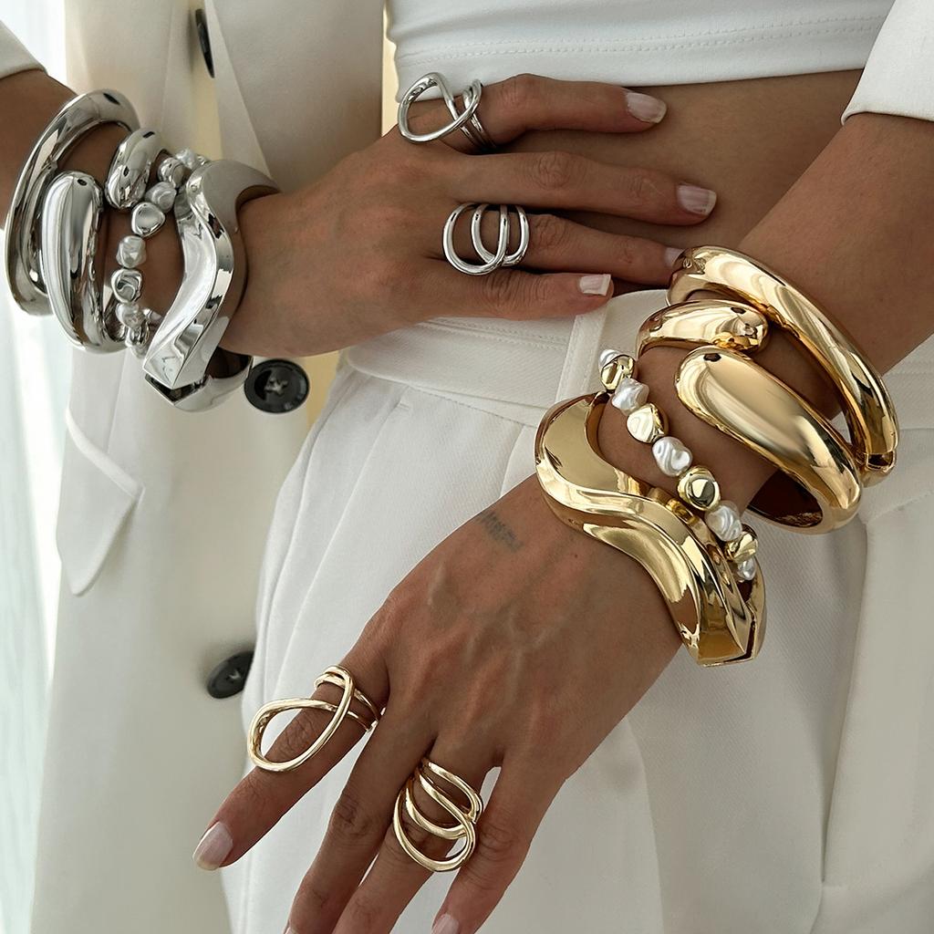 DIEZI Exaggerated Retro Imitation Pearl Heavy Metal Bangles Hip Hop Gold Silver Color Geometric Bangles Women Men Bracelet