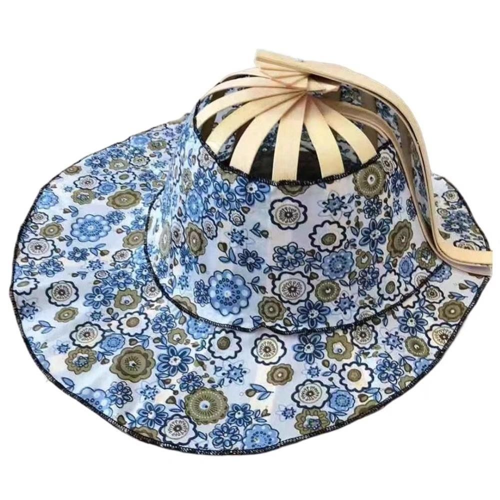 Floral Printed Fan Sun Hats Foldable Bamboo Sunscreen Cap Women Sunhat Folding Fan Hat  for Travel