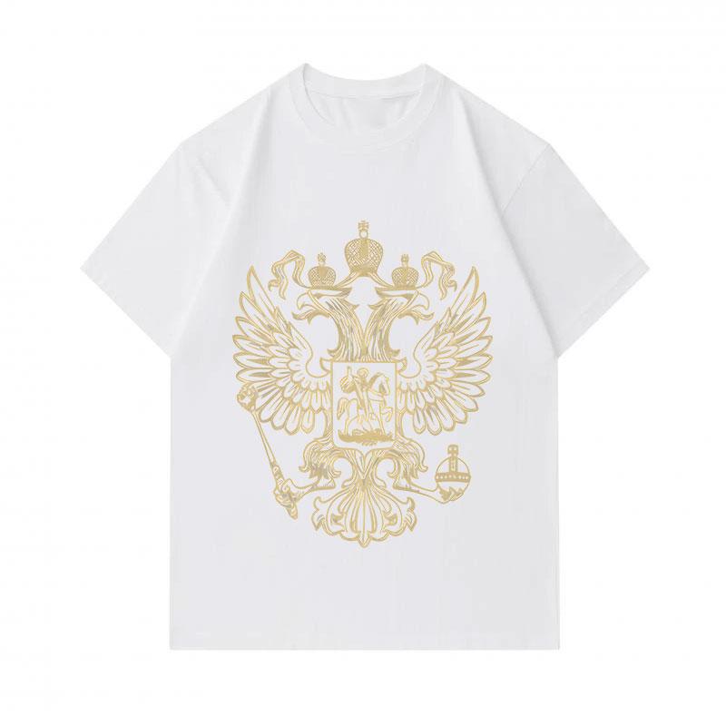 Men's 100% Cotton Crew Neck Short Sleeve T-Shirt, Golden Double Headed Eagle Emblem Printed Casual Breathable Comfortable Classic Loose Fit Daily Wear