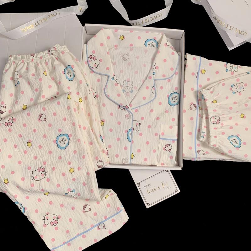 Blue Bear Women's Summer Cotton Pajama Set - Short-Sleeved, Cute Cartoon Design, Three-Piece Loungewear.