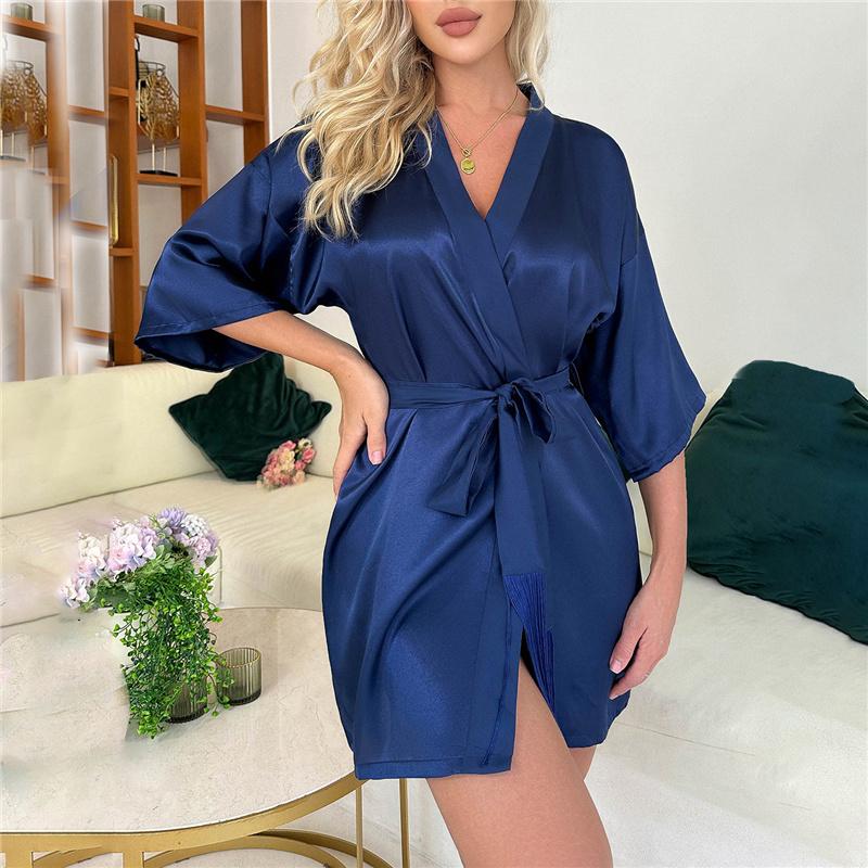 Damen Sexy Satin Kurzer Morgenmantel Halbarm Krawattenverschluss Kimono Bademantel Sommer Nachtwäsche Seidenähnliche Nachtwäsche
