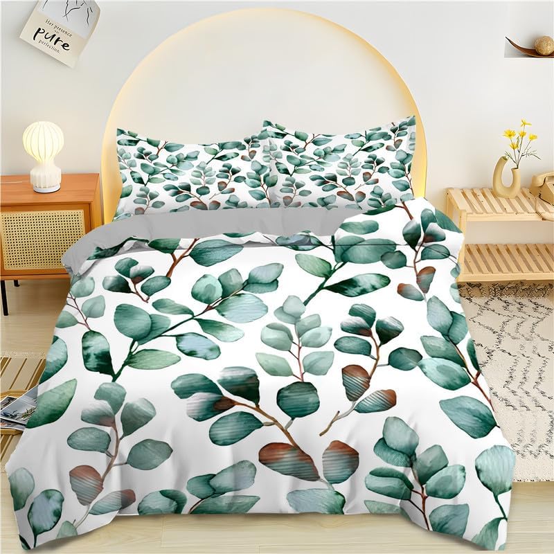 Sage Green Botanical Comforter Cover Eucalyptus Leaves Duvet Cover Spring Watercolor Plants Bedding Set Rustic Farmhouse Bed Set